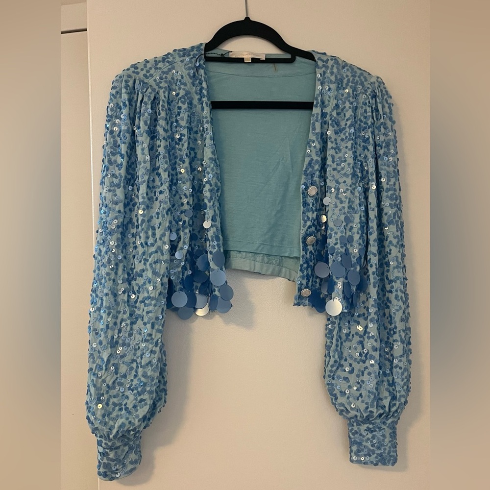 LoveShackFancy turquoise blue sequined cardigan top size small! RARE - sample!